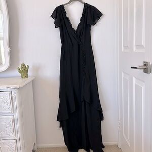 Black Crepe Ruffle Tiered Long Dress
